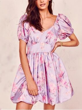 Loveshackfancy Size 6 Hansel Floral Puff-Sleeve Mini Dress Hibiscus Pink Purple